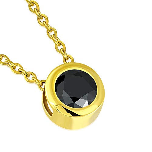 Stainless Steel Yellow Gold-Tone Solitaire Black CZ Pendant Necklace