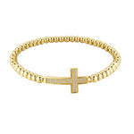 Stainless Steel Beaded Cross Bracelet, CZ Crystal Stretch Bracelet, Religious Jewelry (Yellow Gold-Tone)