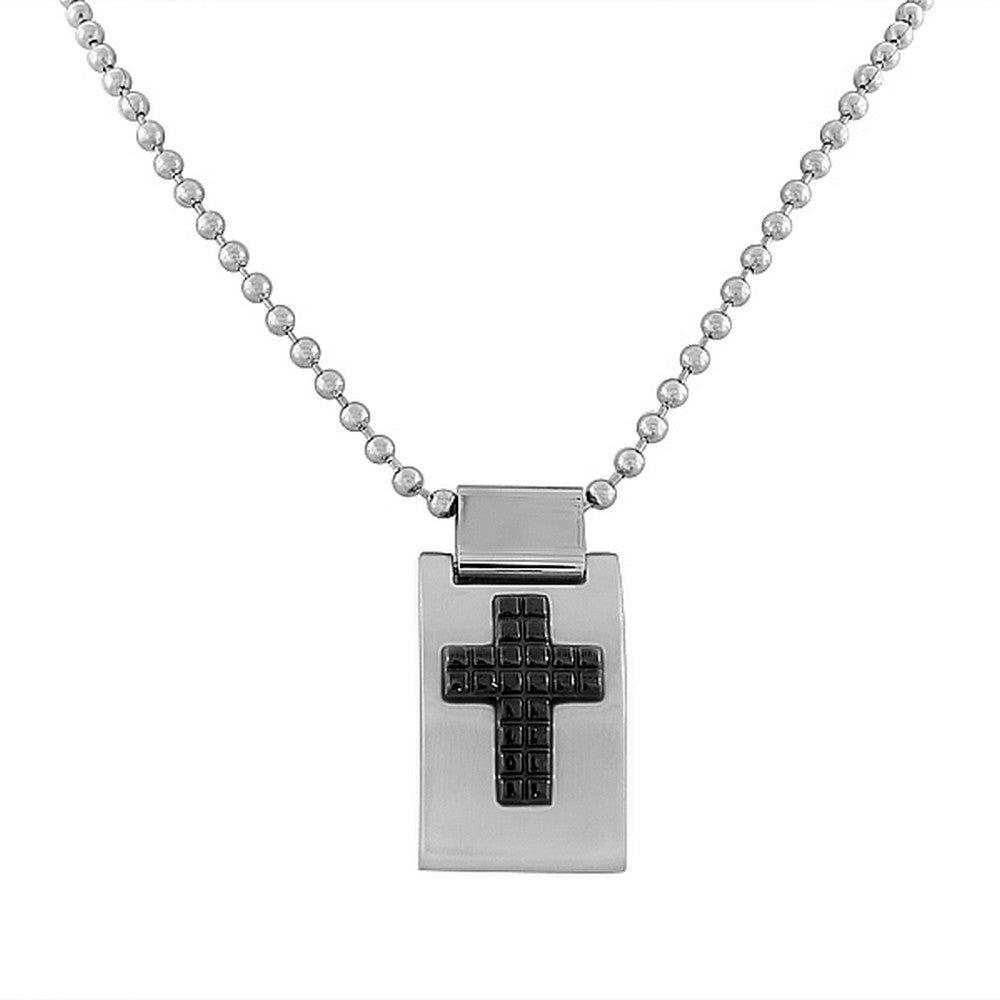 Stainless Steel Silver-Tone Black Cross Religious Pendant Necklace