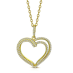 925 Sterling Silver White Clear CZ Yellow Gold-Tone Love Heart Pendant Necklace