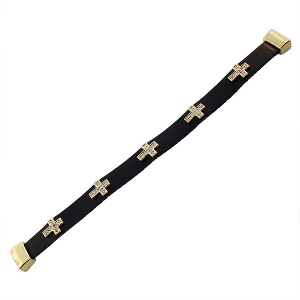 Fashion Alloy Black Leather Yellow Gold-Tone White CZ Cross Religious Wristband Wrap Bracelet