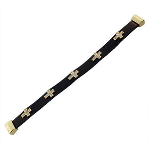Fashion Alloy Black Leather Yellow Gold-Tone White CZ Cross Religious Wristband Wrap Bracelet