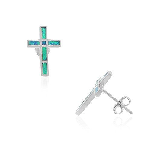 925 Sterling Silver Yellow Gold-Tone Blue Simulated Opal Religious Cross Stud Earrings