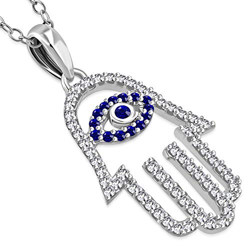 925 Sterling Silver White Blue CZ Hamsa Hand Good Luck Pendant Necklace