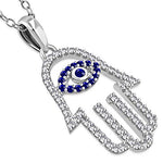 925 Sterling Silver White Blue CZ Hamsa Hand Good Luck Pendant Necklace