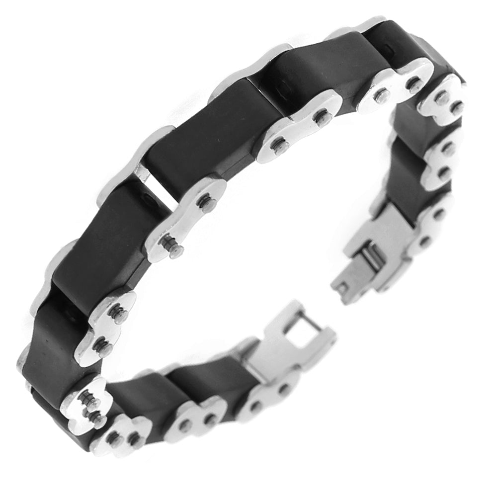 Stainless Steel Black Rubber Silicone Silver-Tone Bike Link Chain Men's Bracelet
