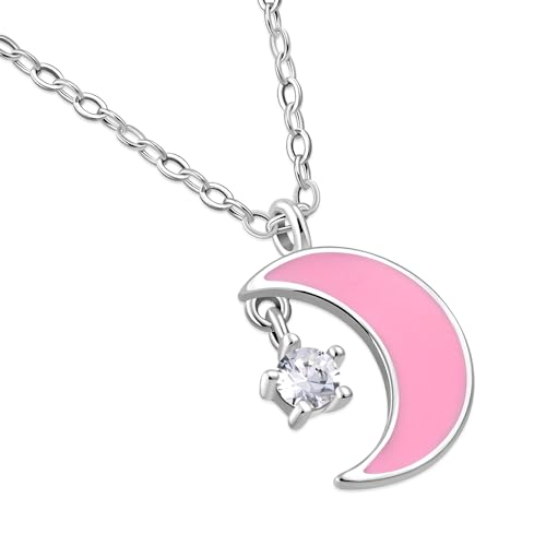 My Daily Styles 925 Sterling Silver Crescent Moon and Star CZ Pendant Necklace with Pink or Blue Enamel
