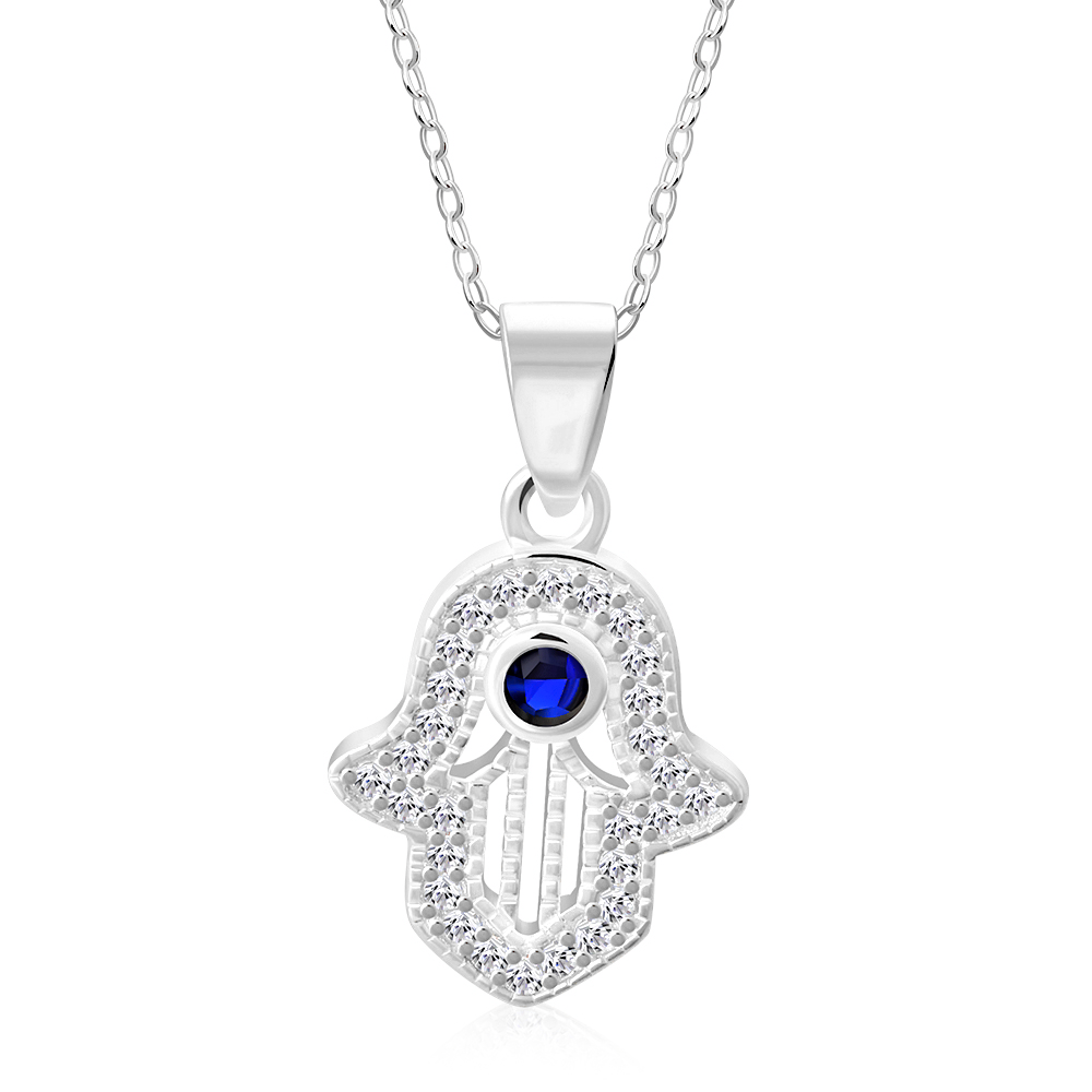 My Daily Styles 925 Sterling Silver CZ Small Hamsa Pendant Necklace with Blue CZ Accent - Adjustable Chain 16"-18"