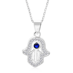 My Daily Styles 925 Sterling Silver CZ Small Hamsa Pendant Necklace with Blue CZ Accent - Adjustable Chain 16"-18"