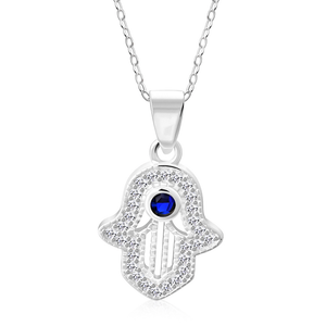 My Daily Styles 925 Sterling Silver CZ Small Hamsa Pendant Necklace with Blue CZ Accent - Adjustable Chain 16"-18"