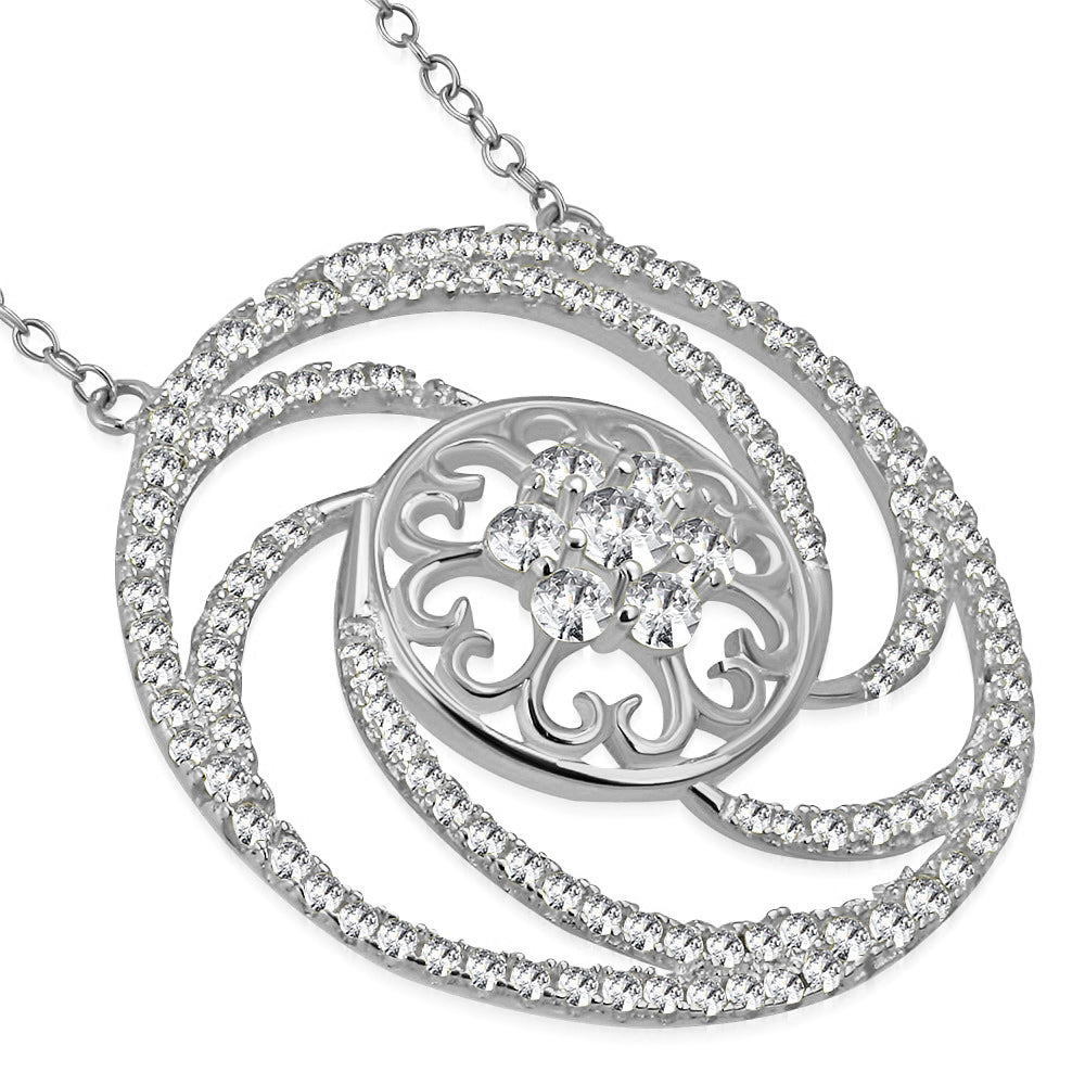 925 Sterling Silver Round Circle Clear CZ Large Statement Pendant Necklace