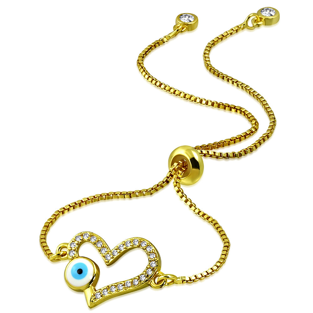 Stainless Steel Clear CZ Evil Eye Heart Adjustable Chain Bracelet, 9"