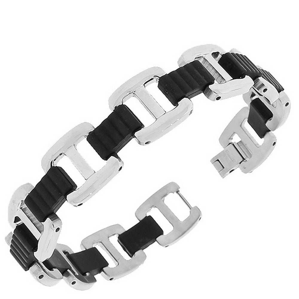 Stainless Steel Black Silver-Tone Link Chain Men's Bracelet