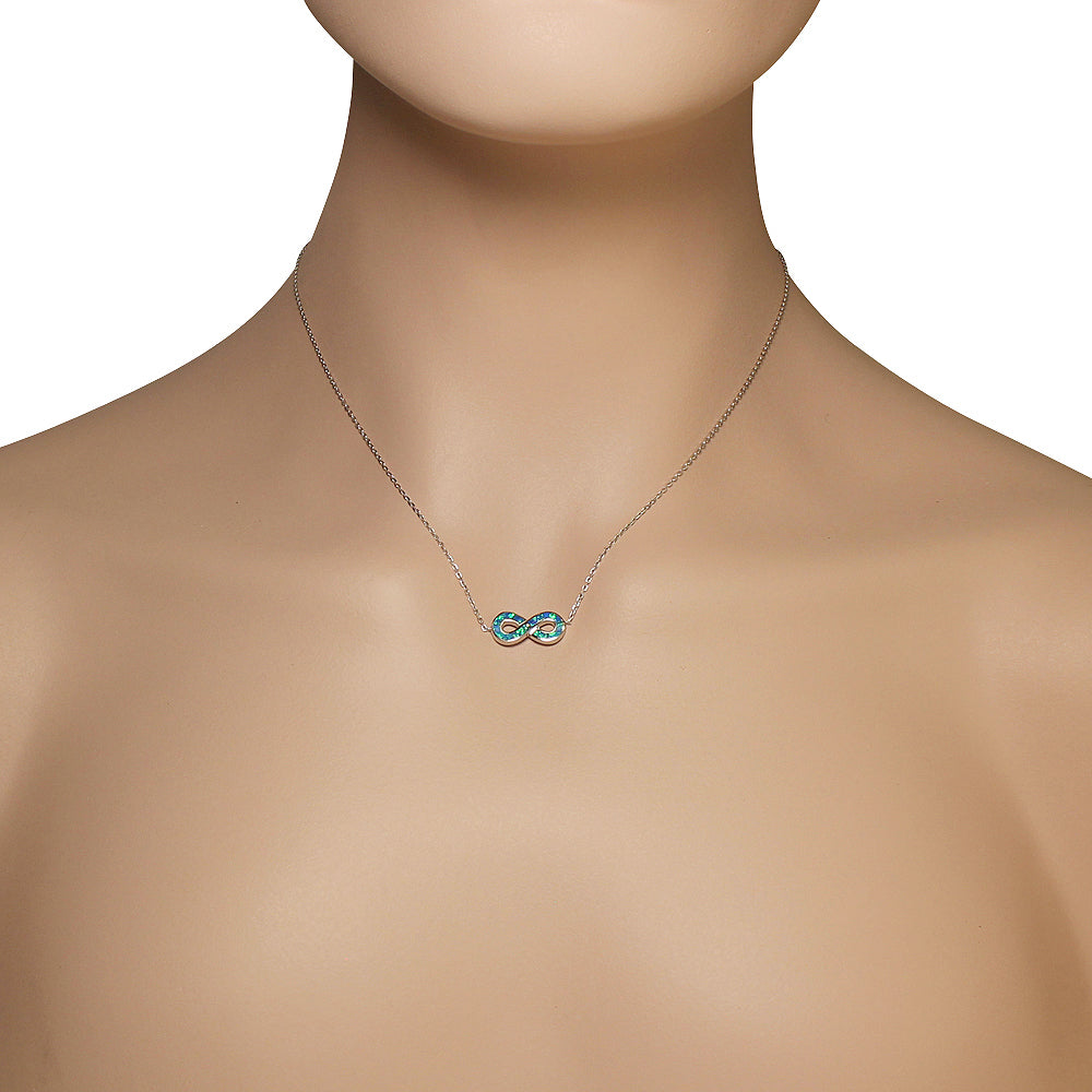 925 Sterling Silver Green Blue Simulated Opal Infinity Pendant Necklace