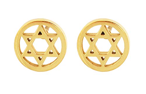Womens Girls Yellow-Tone Stainless Steel Star of David Stud Earrings