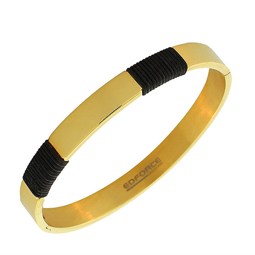 Stainless Steel Black Rubber Silicone Oval-Shaped Yellow Gold-Tone Bangle Bracelet