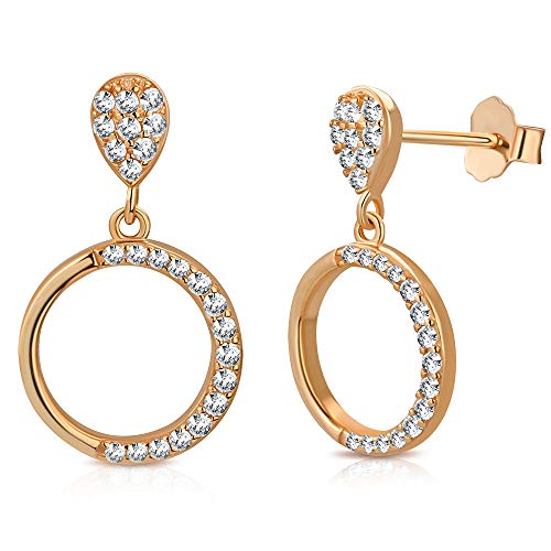 925 Sterling Silver Rose Gold-Tone White Clear CZ Circle Teardrop Dangle Drop Earrings, 0.80"