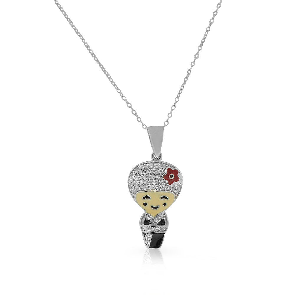 925 Sterling Silver Red Black Enamel White Clear CZ Kimono Geisha Pendant Necklace