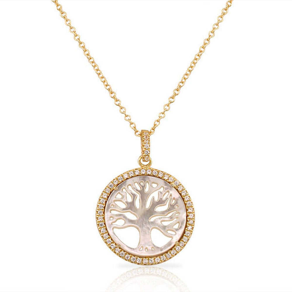 925 Sterling Silver Simulated Mother of Pearl CZ Tree of Life Classic Pendant Necklace