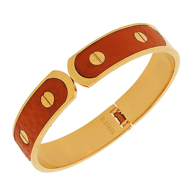 Stainless Steel Brown Faux PU Leather Yellow Gold-Tone Cuff Bracelet