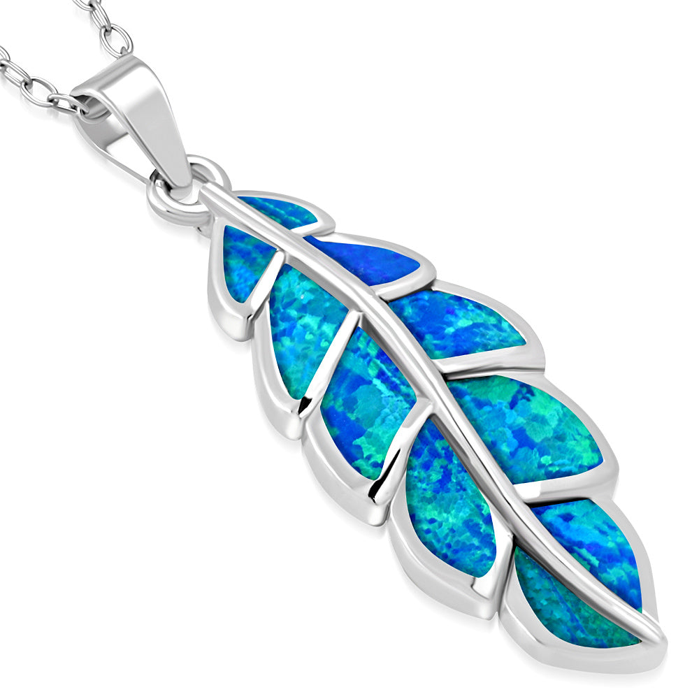 925 Sterling Silver Blue Simulated Opal Feather Leaf Pendant Necklace