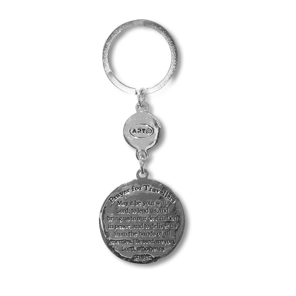 Purple Silver-Tone Jerusalem City Menorah Design Key Chain Key chain with Traveler's Prayer in English, 1.5"