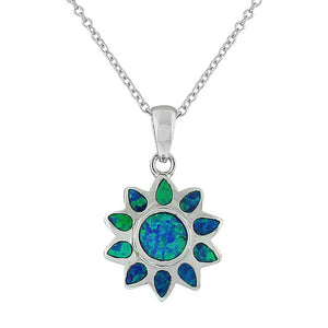 925 Sterling Silver Blue Turquoise-Tone Simulated Opal Flower Floral Womens Pendant Necklace