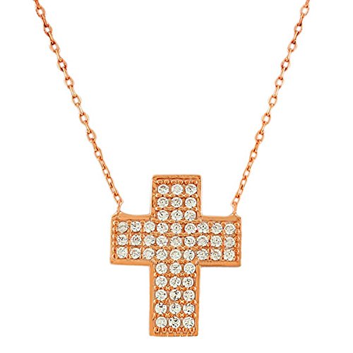 925 Sterling Silver Rose Gold-Tone Womens Religious Latin Cross White CZ Pendant Necklace