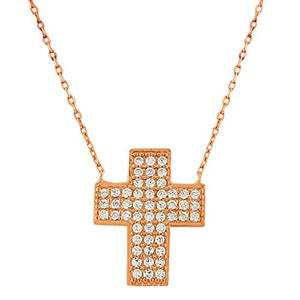 925 Sterling Silver Rose Gold-Tone Womens Religious Latin Cross White CZ Pendant Necklace