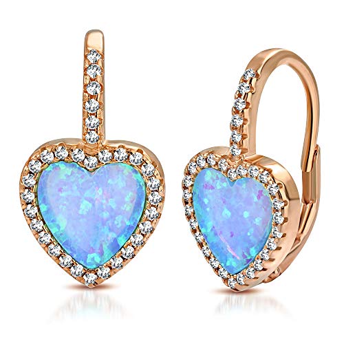 925 Sterling Silver Rose Gold-Tone Simulated Blue Opal Love Heart Hoop Dangle Earrings