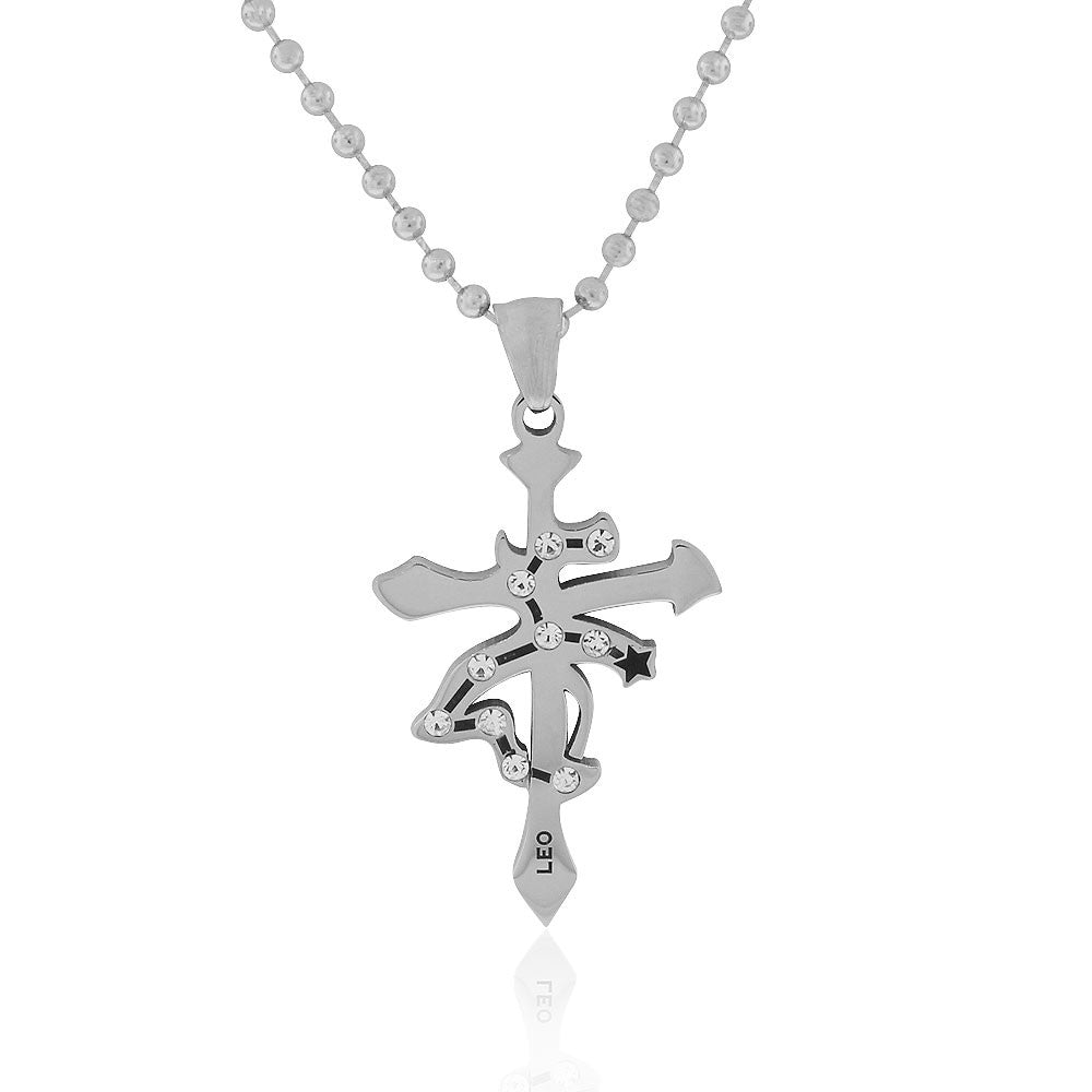 Stainless Steel Silver-Tone White CZ Zodiac Cross Pendant Necklace - Leo