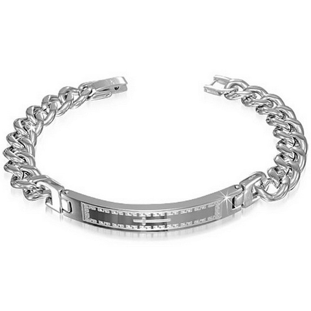 Stainless Steel Silver-Tone Mens Religious Cross Link Chain Bracelet