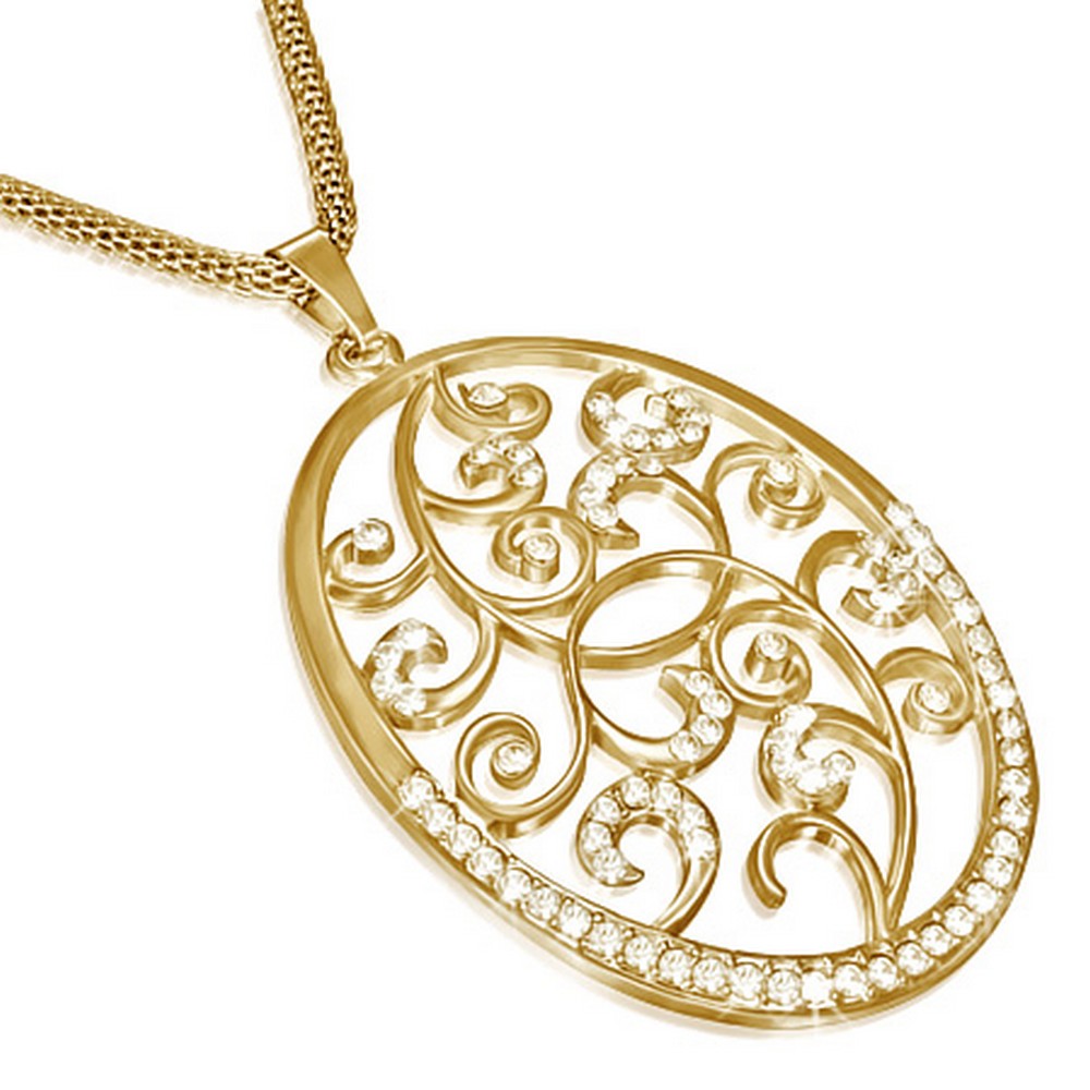 Fashion Alloy Yellow Gold-Tone White CZ Large Oval Womens Pendant Necklace