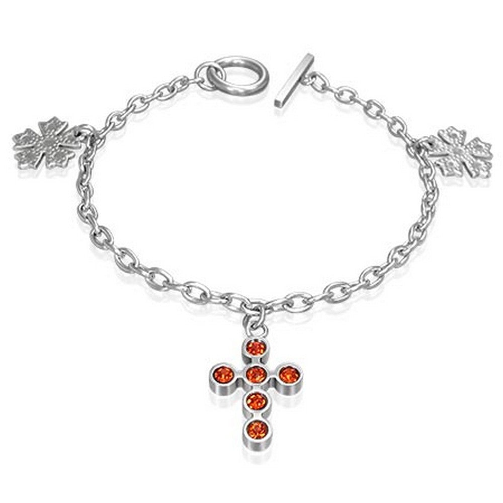 Stainless Steel Orange CZ Cross Flowers Charm Link Chain Womens Bracelet