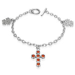 Stainless Steel Orange CZ Cross Flowers Charm Link Chain Womens Bracelet