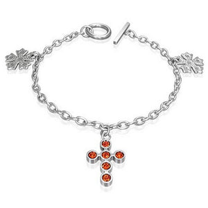 Stainless Steel Orange CZ Cross Flowers Charm Link Chain Womens Bracelet