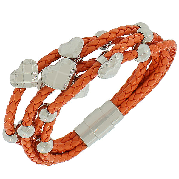 Fashion Alloy Orange Faux PU Leather Silver-Tone Love Heart Multi-Row Layer Bracelet
