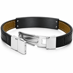 Stainless Steel Black Leather Silver-Tone Men's Bracelet