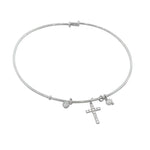 925 Sterling Silver Cross Religious Simulated Pearl CZ Bangle Bracelet