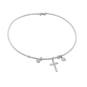 925 Sterling Silver Cross Religious Simulated Pearl CZ Bangle Bracelet
