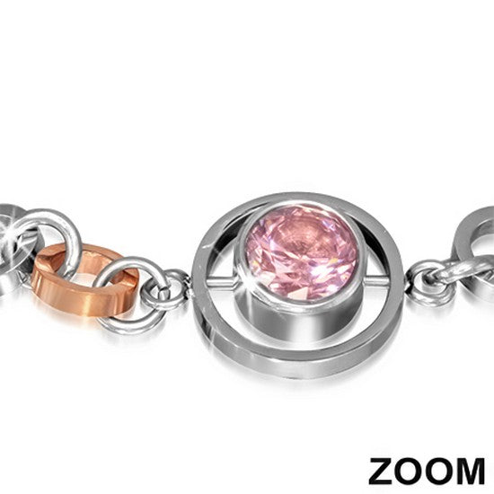 Stainless Steel Silver and Rose Gold-Tone Bezel-Set Pink Stone Link Chain Womens Bracelet