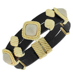 Fashion Alloy Black Faux PU Leather Yellow Gold-Tone White Wristband Bracelet
