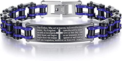 Mens Motorcycle Bike Link Chain Lord's Prayer English Christian Cross Bracelet Size 8 Inch or Size 9 Inch
