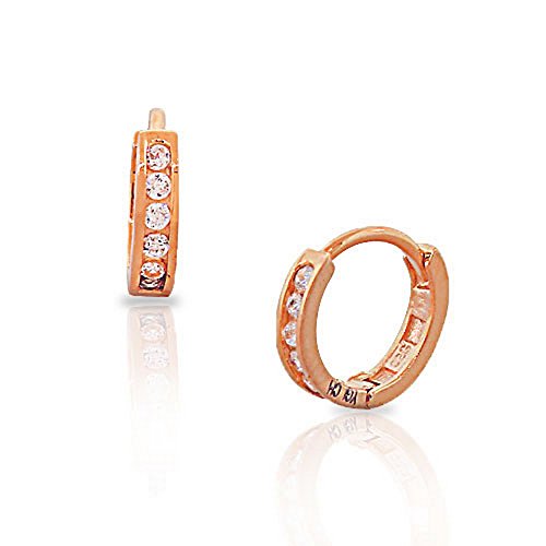 925 Sterling Silver Small Rose Gold-Tone White CZ Womens Girls Hoop Huggie Earrings