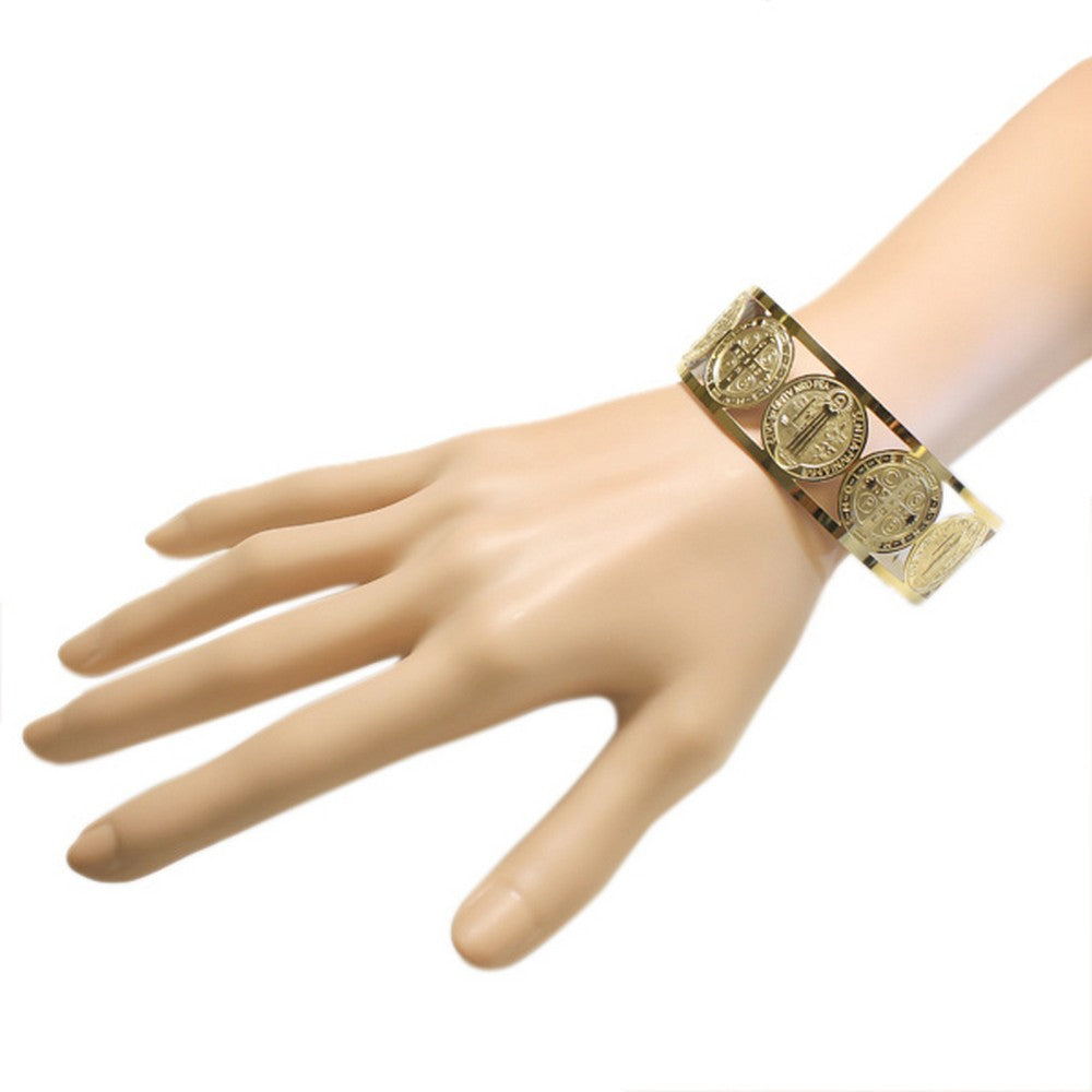 Stainless Steel Gold Cross St. Benedict Religious Christian Open End Cuff Bangle