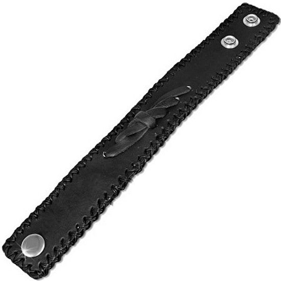Black Braided Leather Alloy Silver-Tone Stitches Snap Wristband Unisex Bracelet