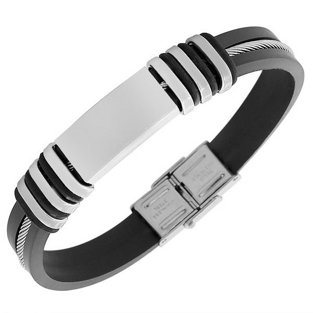 Stainless Steel Black Rubber Silicone Silver-Tone Twisted Cable Rope Mens Bracelet