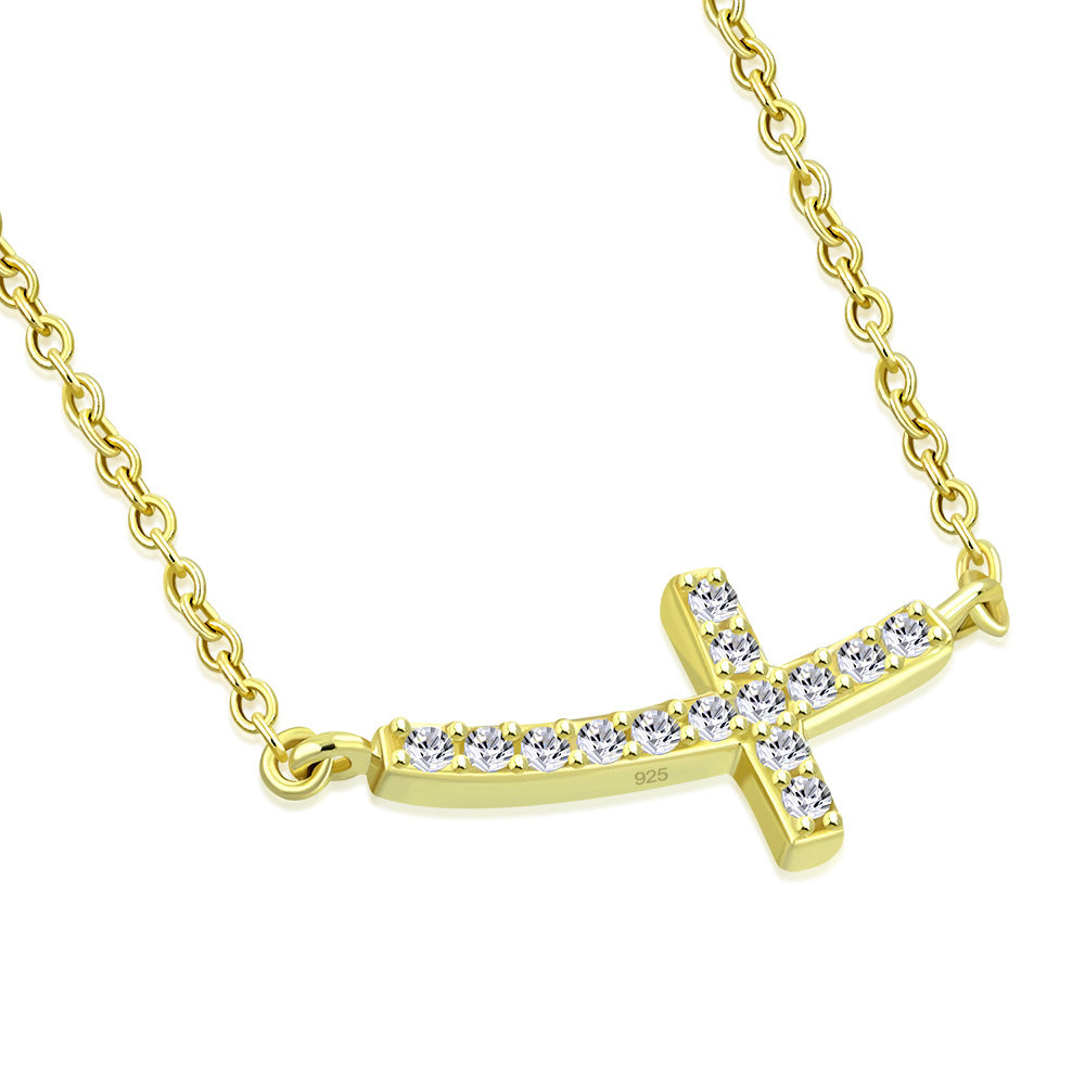 925 Sterling Silver Womens Sideways Religious Cross White CZ Pendant Necklace