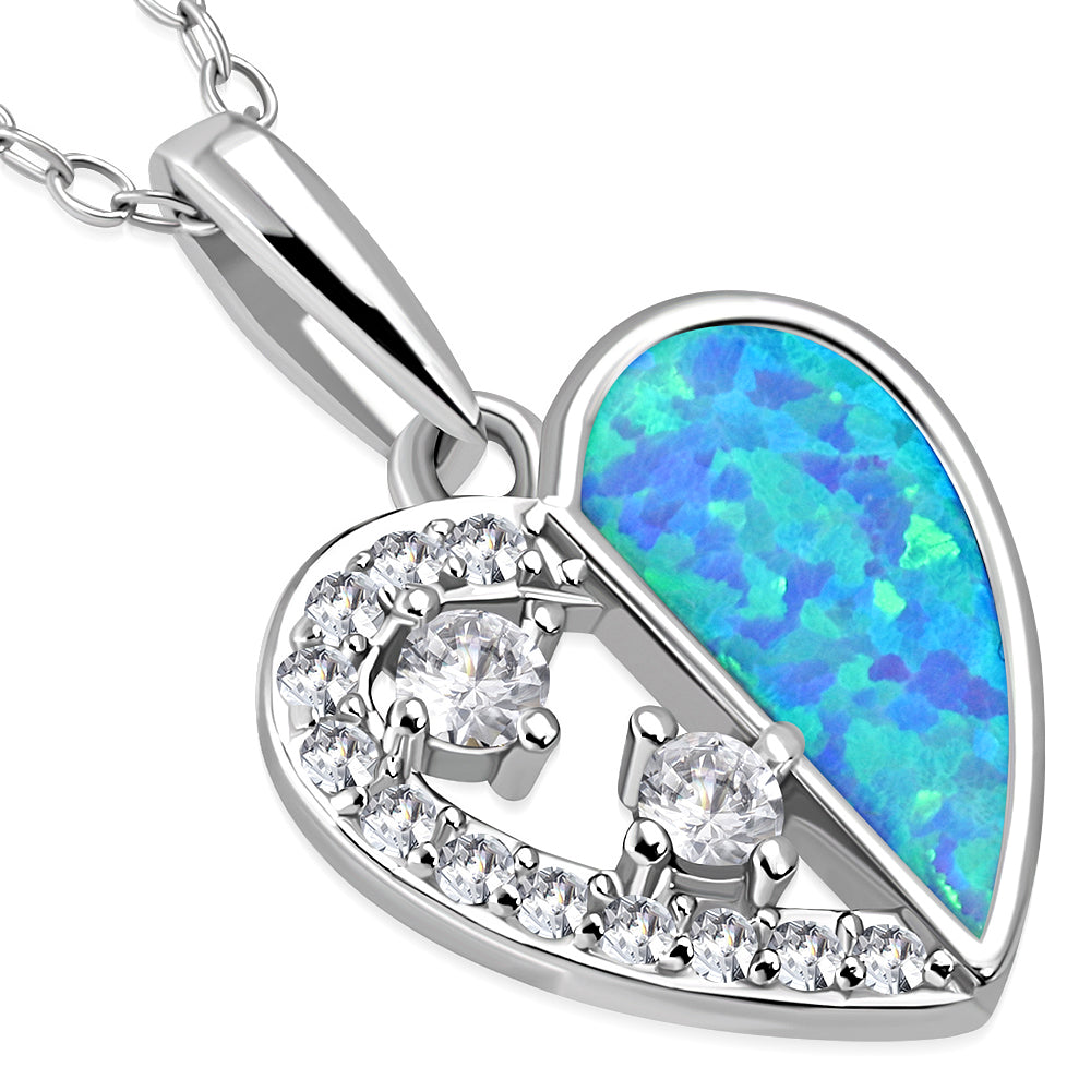 Sterling Silver Clear CZ Simulated Blue Opal Love Heart Romance Pendant Necklace Stud Earrings Set