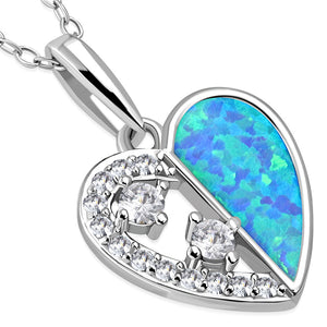 925 Sterling Silver Clear CZ Simulated Blue Opal Love Heart Pendant Necklace Stud Earrings Set